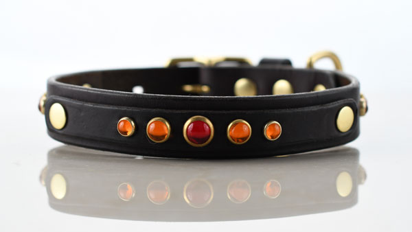 Leather dog collar with orange and red cabochons