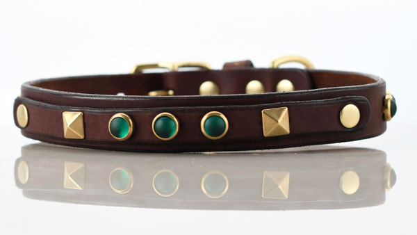 Leather collar with brass hardware and matte green embellishments